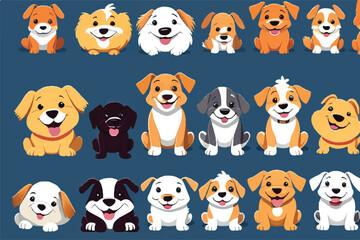 Puppies and Dog collection. Cute pappies and dogs. Set of cute funny puppies. Cute dogs vector set. Funny cartoon dogs characters different breads illustration. Different type of vector cartoon dogs.