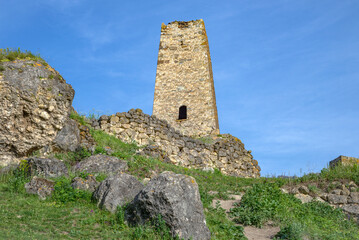 Naklejka premium One of the ancient towers in the mountains of North Ossetia-Alania. Tsmiti, Russia