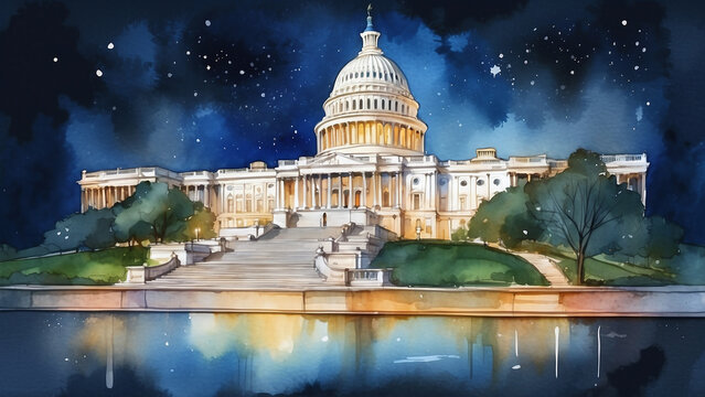 USA capitol building at night watercolor