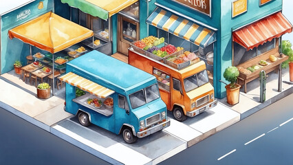 food truck on the street, watercolor style