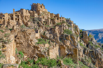 The ruins of the abandoned mountain village of Gamsutl. Dagestan, Russia