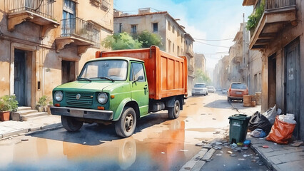 garbage truck in the city watercolor art - obrazy, fototapety, plakaty