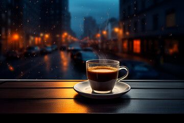 cup of coffee on the street at night, copy space