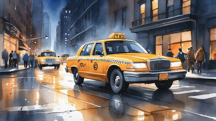 taxi car in the New York city watercolor - obrazy, fototapety, plakaty