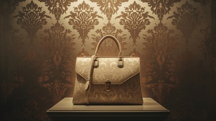 Luxurious gold-toned handbag on a display, harmonizing with the baroque-style wallpaper backdrop, highlighting affluence and fashion