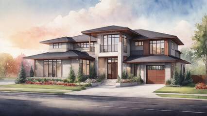 modern luxury house with watercolor style - obrazy, fototapety, plakaty