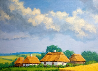 Fototapeta na wymiar Oil paintings rural landscape, huts in the field