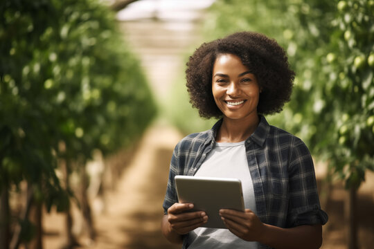 Black female farmer with a digital tablet in greenhouse