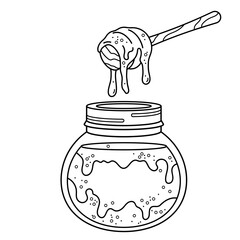 A jar of honey. Dessert, sweets. Coloring page, icon, black and white vector illustration.