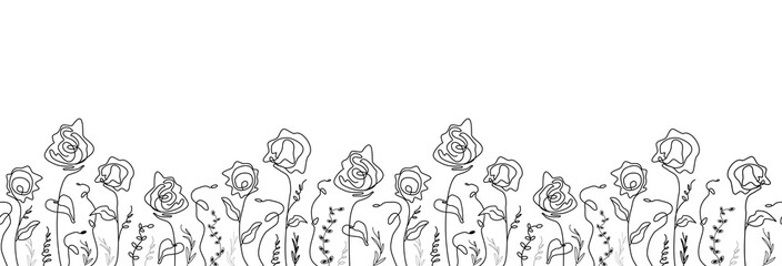 A seamless, modern pattern of abstract rose flowers. an artistic drawing in the one line style. A...