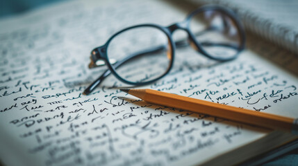 Fototapeta premium A notebook with complex mathematical equations, a pencil, and glasses, symbolizing theoretical research, science, dynamic and dramatic compositions, with copy space