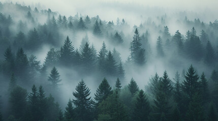 A dense foggy forest at dawn. - obrazy, fototapety, plakaty