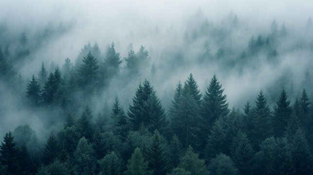 A dense foggy forest at dawn. © Legano