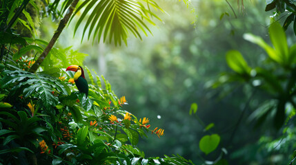 A dense rainforest canopy teeming with exotic birds and vibrant foliage. - obrazy, fototapety, plakaty