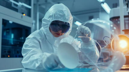 A scientist in a clean suit inspecting a semiconductor wafer, representing nanotechnology and materials science, science, dynamic and dramatic compositions, with copy space