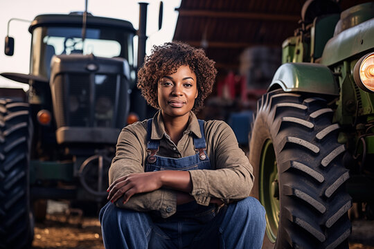 Proud black female farmer poses in front of her agricultural tractor. A symbol of diversity and empowerment in modern farming practices