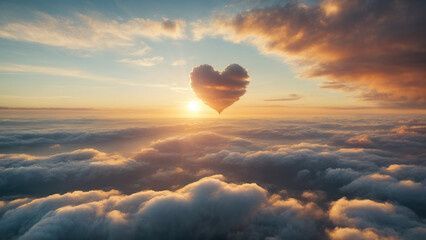 Beautiful Summer sunset sky with heart shaped cloud and colorful vibrant clouds and sun beams across whole sky