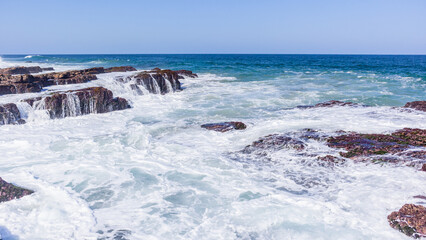 Rocky Beach Ocean Waves Crashing White Water Wash Horizon Landscape. - 723240514