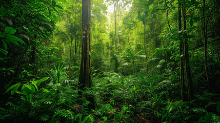 A dense rainforest with towering trees and a lush understory teeming with life.