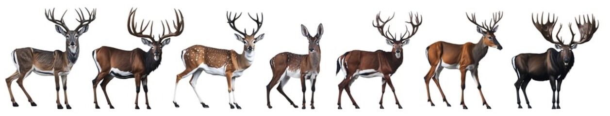 Naklejka na ściany i meble Close up of different breeds deer's set isolated on transparent background. Generative AI