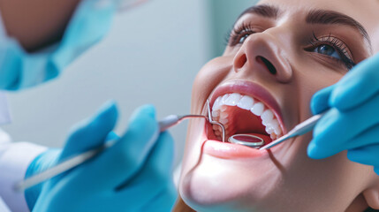A dental hygienist meticulously cleaning a patients teeth in a modern dental office. - obrazy, fototapety, plakaty