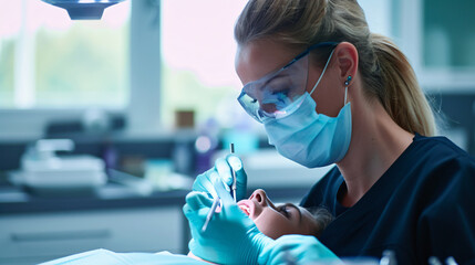 A dental hygienist meticulously cleaning a patients teeth in a modern dental office.