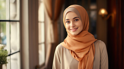 Portrait of young muslim woman wearing hijab head scarf in city while looking at camera. Closeup face of cheerful woman covered with headscarf smiling outdoor. Casual islamic girl at park.