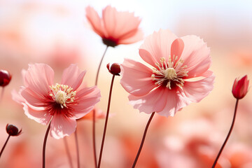 Close-up of pink cosmos flowers with a warm bokeh background.