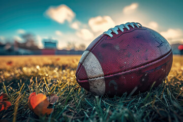 Close-up of a used American football on the grass with stadium backdrop.