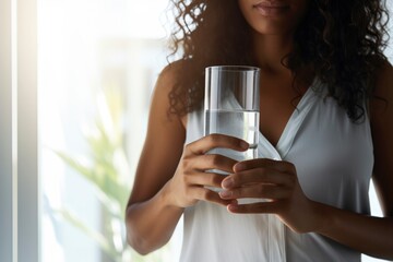 Close-up of a woman's hands holding a clear glass of water. - obrazy, fototapety, plakaty