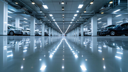 A deserted car showroom with gleaming floors and spotlights but no vehicles. - obrazy, fototapety, plakaty