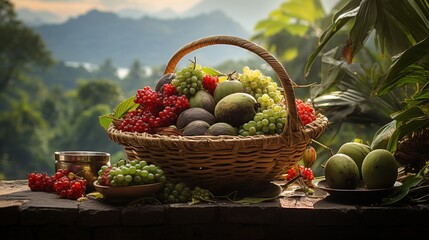 Basket with vegetables (cabbage, carrots, cucumbers, radishes and peppers) in hands farmer background nature biological concept - obrazy, fototapety, plakaty