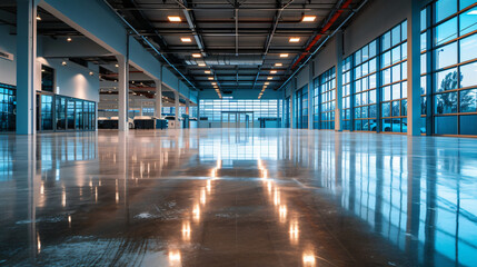 A deserted car showroom with gleaming floors and spotlights but no vehicles.