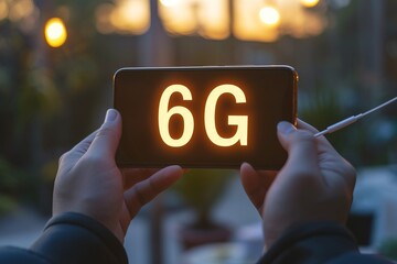 Futuristic concept  interactive holographic 6g text icon shining over mobile phone in hands.