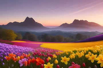 Zelfklevend Fotobehang A landscape with a cluster of brightly colored freesias © Iskandar