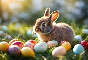Fototapeta na wymiar AI generated illustration of a cute bunny amidst a vibrant array of Easter eggs