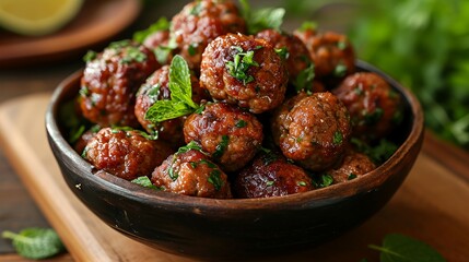 A bowl of meatballs garnished with mint leaves - obrazy, fototapety, plakaty