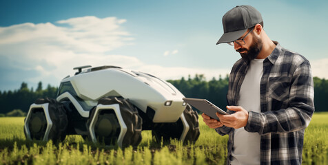 Farmer utilizing a digital tablet to direct an autonomous tractor. Agricultural innovations