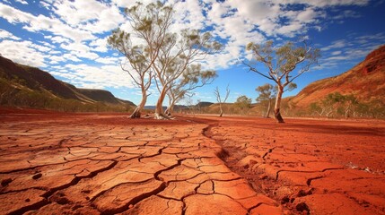 Global warming, extreme weather events, a cracked, dry outback. Climate Change Impact on Dry Cracked Outback Landscape