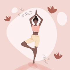 dark skinned girl on a pastel colours clothes in tree pose is making yoga - vector illustration