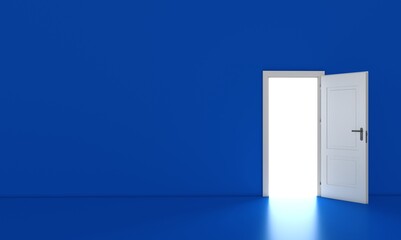 Open the door. Symbol of new career, opportunities, business ventures and initiative. Business concept. 3d render, white light inside open door isolated on blue background. Modern minimal concept.	
