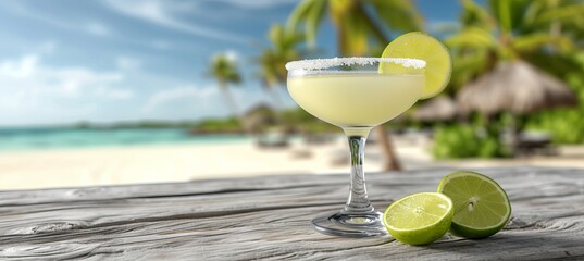 Tropical margarita cocktail with blurred beach background and copy space for text placement - obrazy, fototapety, plakaty