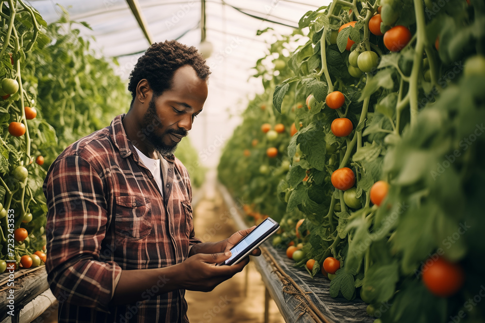 Aufkleber black farmer with a digital tablet in greenhouse. integration of technology for efficient and progre
