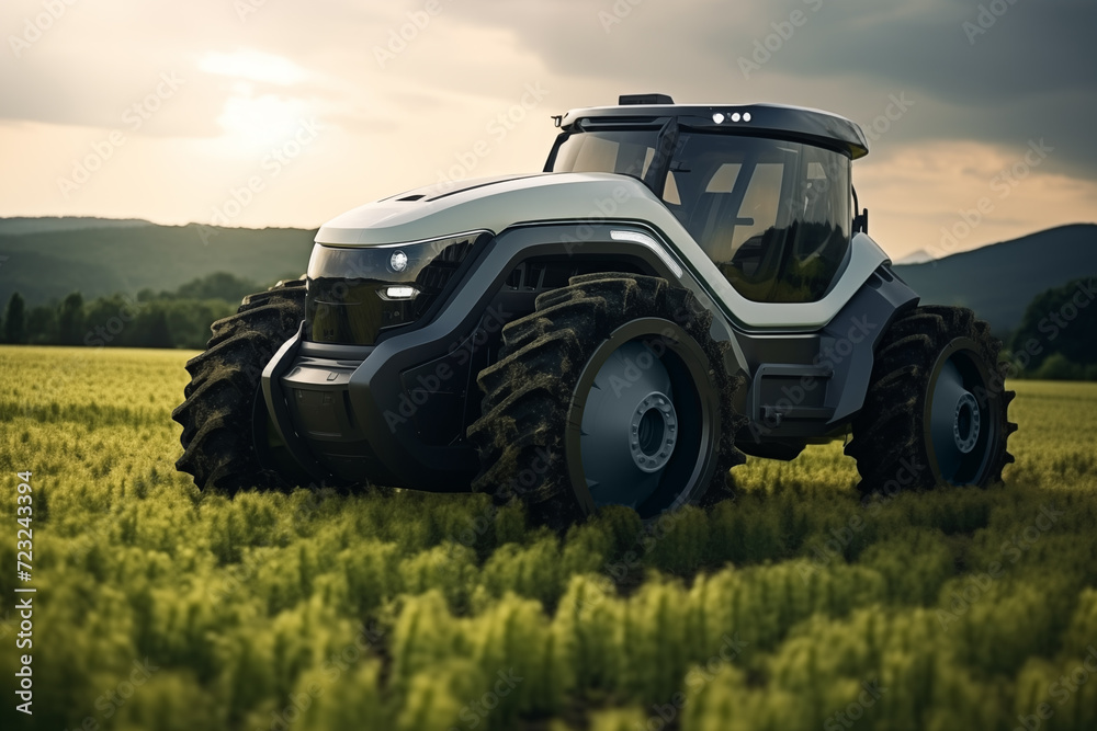 Poster futuristic agricultural tractor in action on a field. convergence of cutting-edge technology and agr