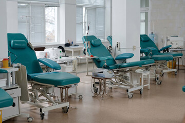 Empty blood transfusion center in clinic fully prepared for taking blood from donors