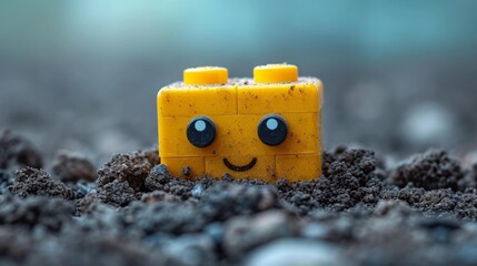 A yellow lego brick with a face sitting in the dirt, AI