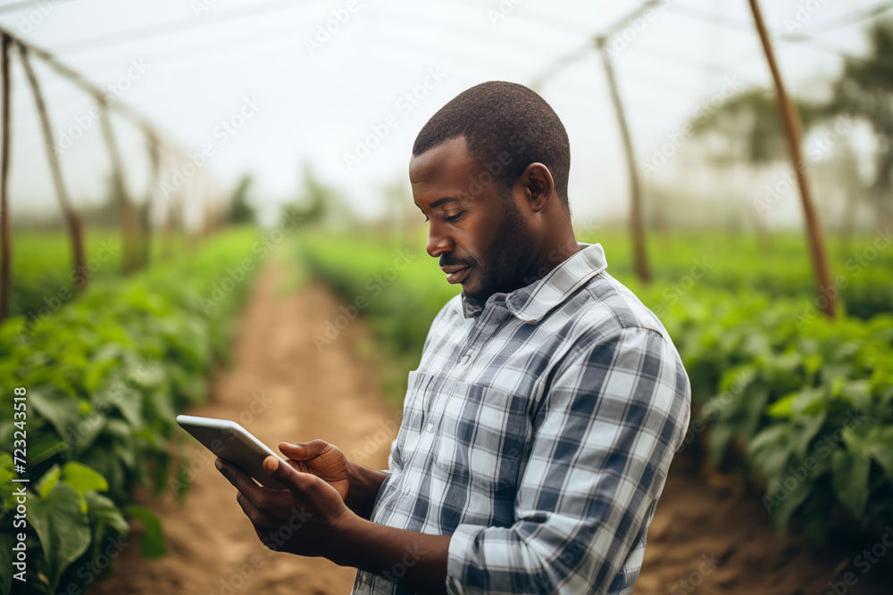 Poster black farmer with a digital tablet in greenhouse. integration of technology for efficient and progre
