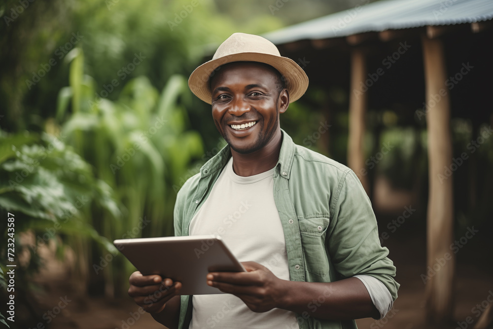 Poster black farmer with a digital tablet. integration of technology for efficient and progressive agricult
