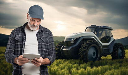 Farmer utilizing a digital tablet to direct an autonomous tractor. Agricultural innovations