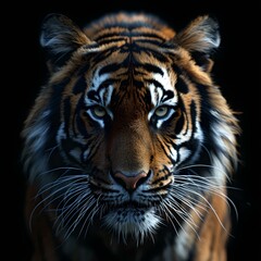 Majestic tiger gazes intently in a close-up portrait. perfect for wildlife themes. striking contrast and detail. generative AI